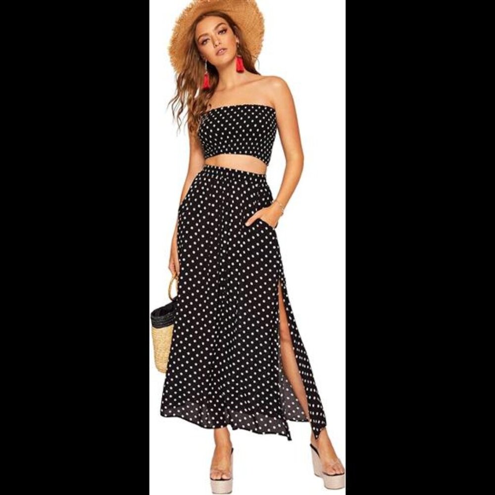 Women's Summer Printed 2 Piece Set Crop Tube Top Split Long Skirt